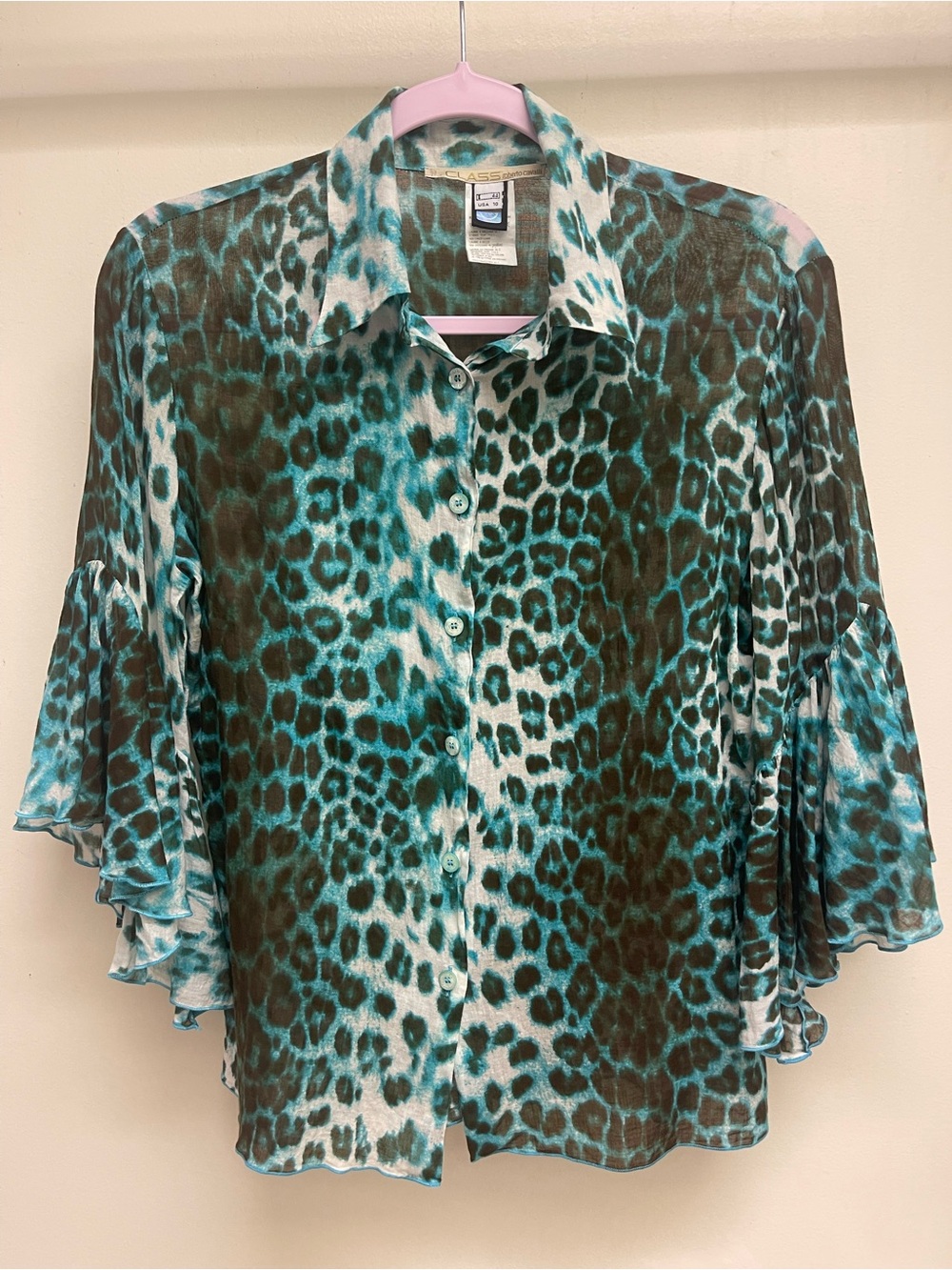 Cavalli Class Leopard Print Cotton Blouse Ruffle Sleeve Italian Designer Top